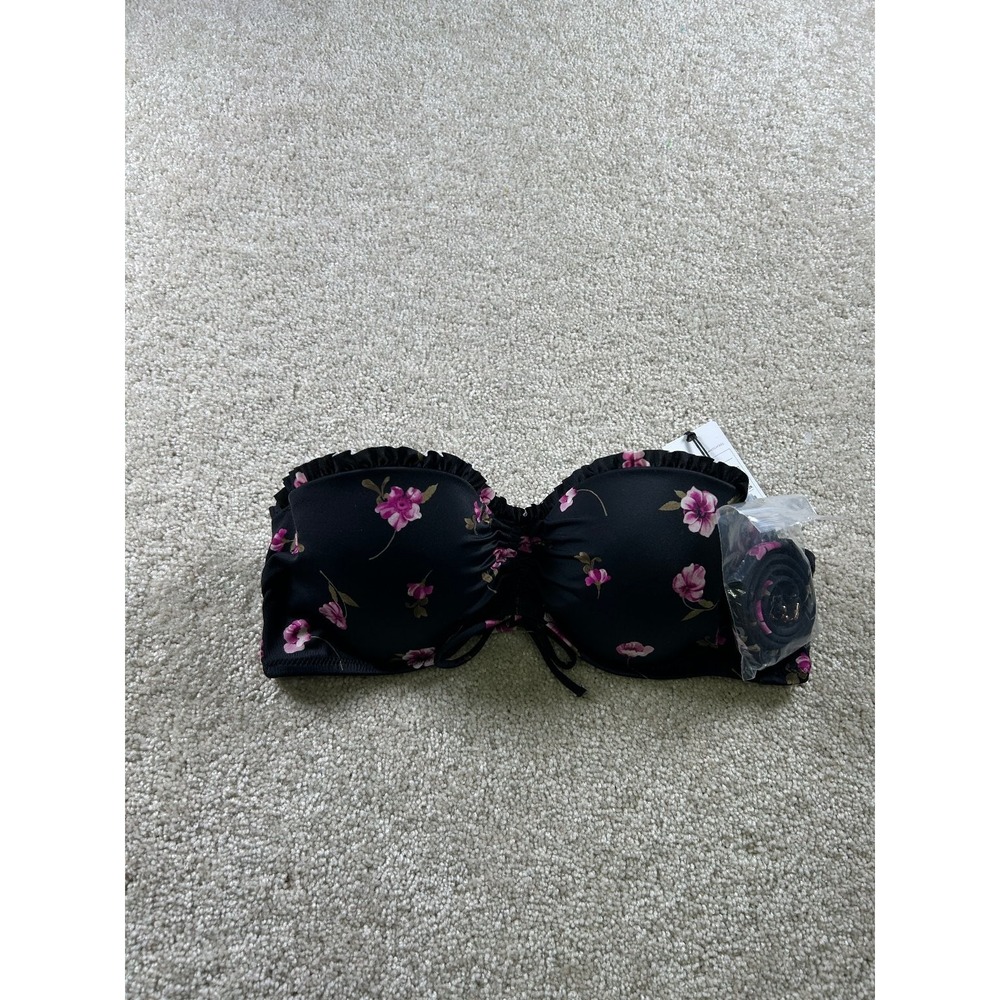 Shade & Shore Women's Black Floral Bandeau Swim Top 32B Lightly Lined‎